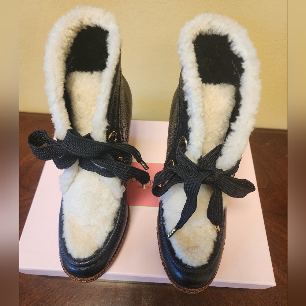 Kate Spade NY Sandy Black Leather Shearling Ankle Wedge Booties - Size 7